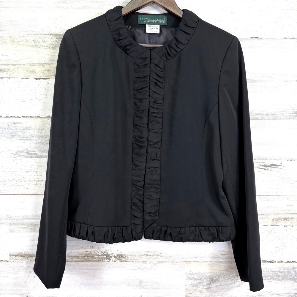 Harve Benard‎ Ruffle Trim Jacket Womens Size 10 Black Career Elegant Blazer